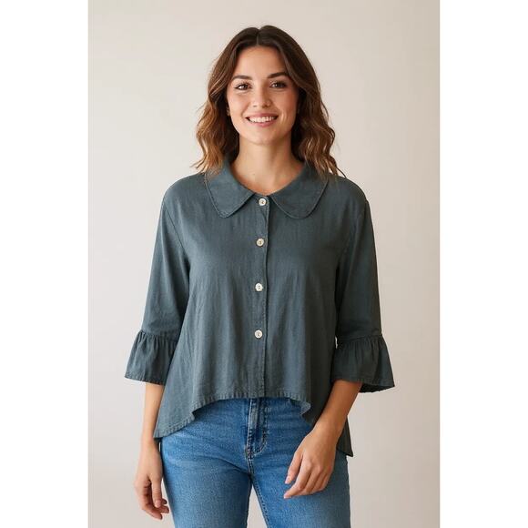 Bryn Walker Linen Button Down Shirt Sz M Bell Sleeves Lagenlook Artsy Top - Picture 1 of 8